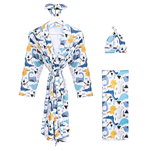 AWIBMK Mommy and Me Robe and Swaddle Set Floral Print Maternity and Baby Matching Hospital Labor Delivery Swaddling Wrap Blanket Dress with Headband Hat for Mom and Girl Boy 4pcs Outfit Blue Dinosaur L/XL - Image 1