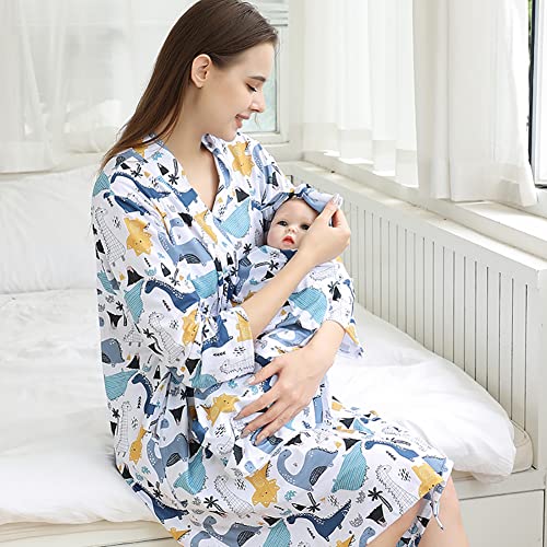 AWIBMK Mommy and Me Robe and Swaddle Set Floral Print Maternity and Baby Matching Hospital Labor Delivery Swaddling Wrap Blanket Dress with Headband Hat for Mom and Girl Boy 4pcs Outfit Blue Dinosaur L/XL - Image 2