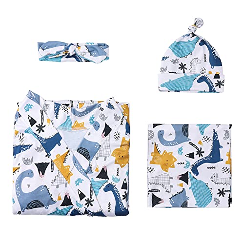 AWIBMK Mommy and Me Robe and Swaddle Set Floral Print Maternity and Baby Matching Hospital Labor Delivery Swaddling Wrap Blanket Dress with Headband Hat for Mom and Girl Boy 4pcs Outfit Blue Dinosaur L/XL - Image 4
