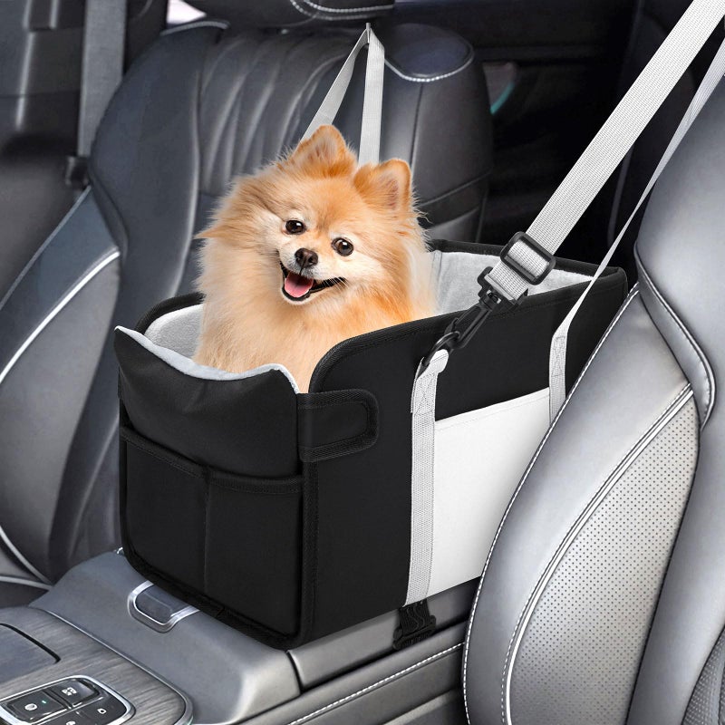 NECKORY Portable Dog Car Seat for Small Dogs - Pet Booster Seat with Safety Leash, Adjustable Straps, Washable Cushion & Storage Pocket - Center Console Puppy Car Seat for Travel - Black - Image 1