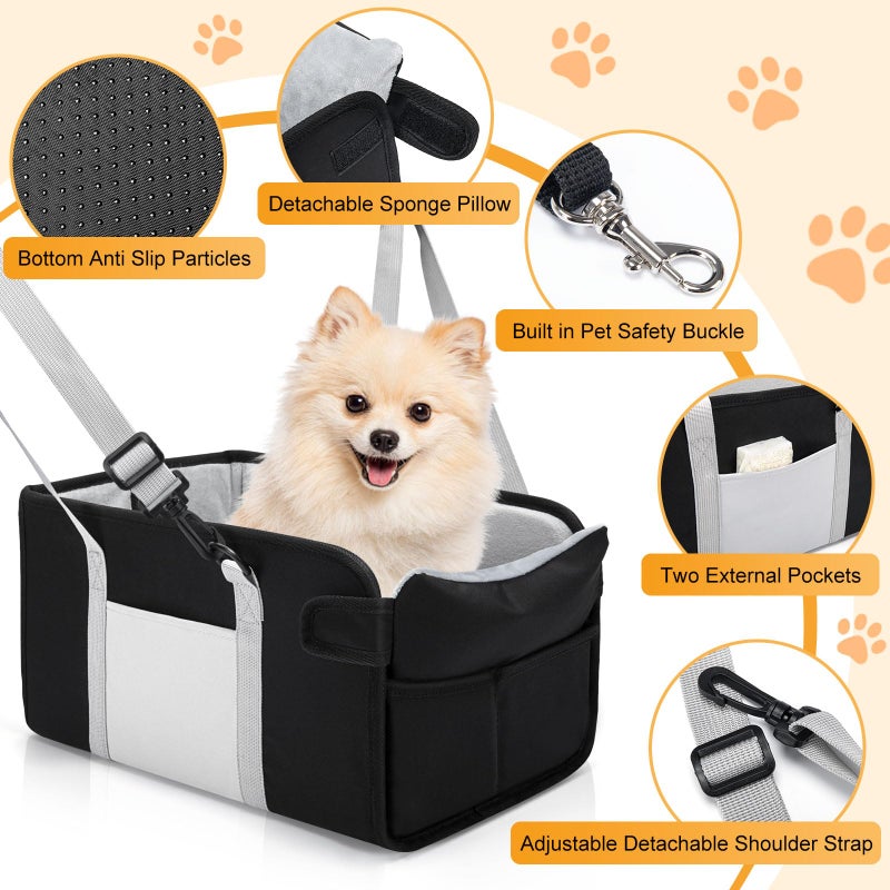 NECKORY Portable Dog Car Seat for Small Dogs - Pet Booster Seat with Safety Leash, Adjustable Straps, Washable Cushion & Storage Pocket - Center Console Puppy Car Seat for Travel - Black - Image 3