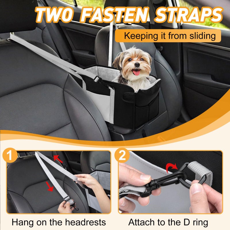 NECKORY Portable Dog Car Seat for Small Dogs - Pet Booster Seat with Safety Leash, Adjustable Straps, Washable Cushion & Storage Pocket - Center Console Puppy Car Seat for Travel - Black - Image 5