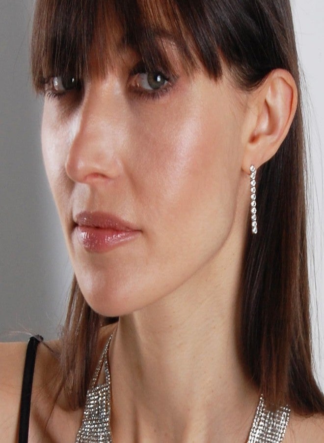 Humble Chic NY Silver Tone Dangle Earrings for Women - Rhinestone Earrings Dangling, CZ Drop Long Silver Tone Bar Dangles, Sparkly Cubic Zirconia Simulated Diamond Studs for Wedding Guest, Bride, Bridal or Prom - Image 2