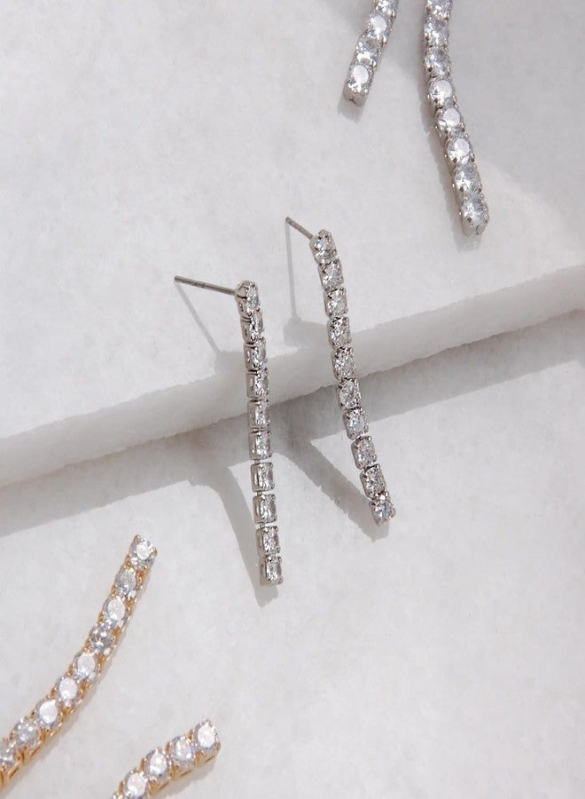 Humble Chic NY Silver Tone Dangle Earrings for Women - Rhinestone Earrings Dangling, CZ Drop Long Silver Tone Bar Dangles, Sparkly Cubic Zirconia Simulated Diamond Studs for Wedding Guest, Bride, Bridal or Prom - Image 3