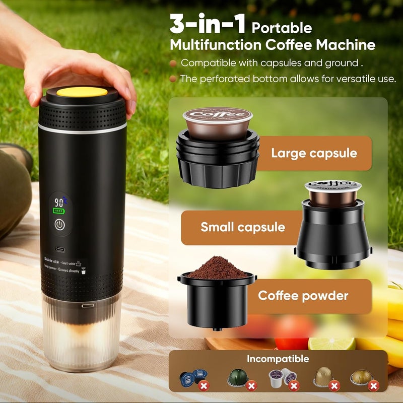 Nastopee 3-in-1 Portable Coffee Machine with Battery, USB-C Espresso Machine for Car, Compatible with Capsules and Ground Coffee, Gadget for RV and Camping Gift, Black - Image 2