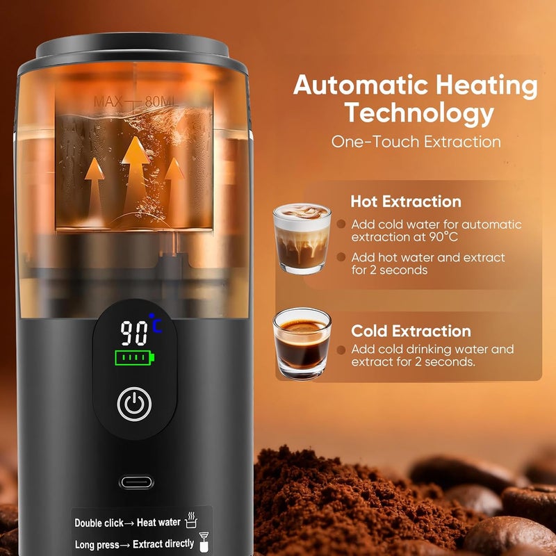 Nastopee 3-in-1 Portable Coffee Machine with Battery, USB-C Espresso Machine for Car, Compatible with Capsules and Ground Coffee, Gadget for RV and Camping Gift, Black - Image 5