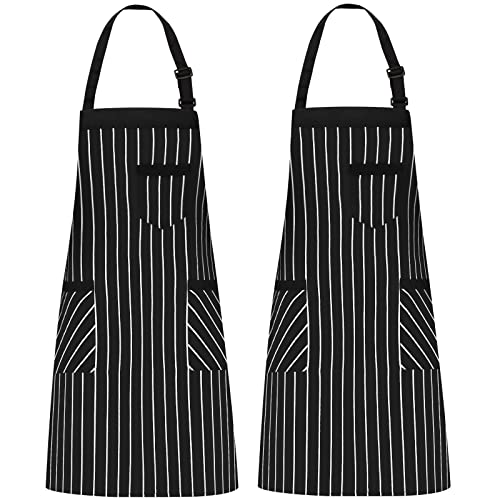 NLUS 2 Pack Cooking Aprons for Women with Pockets Adjustable Kitchen Bib Aprons for Women Men Chef, Black/White Stripe (Black/White Stripes) - Image 1