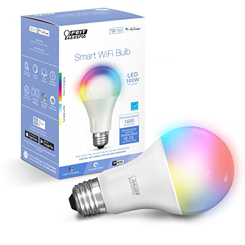 Feit Electric Smart Bulb, 100W Equivalent Color Changing and Tunable White, 2.4Ghz Wifi light bulb, No Hub Needed, Works with Alexa and Google Assistant, High CRI Dimmable LED OM100/RGBW/CA/AG, 1 Pack - Image 1