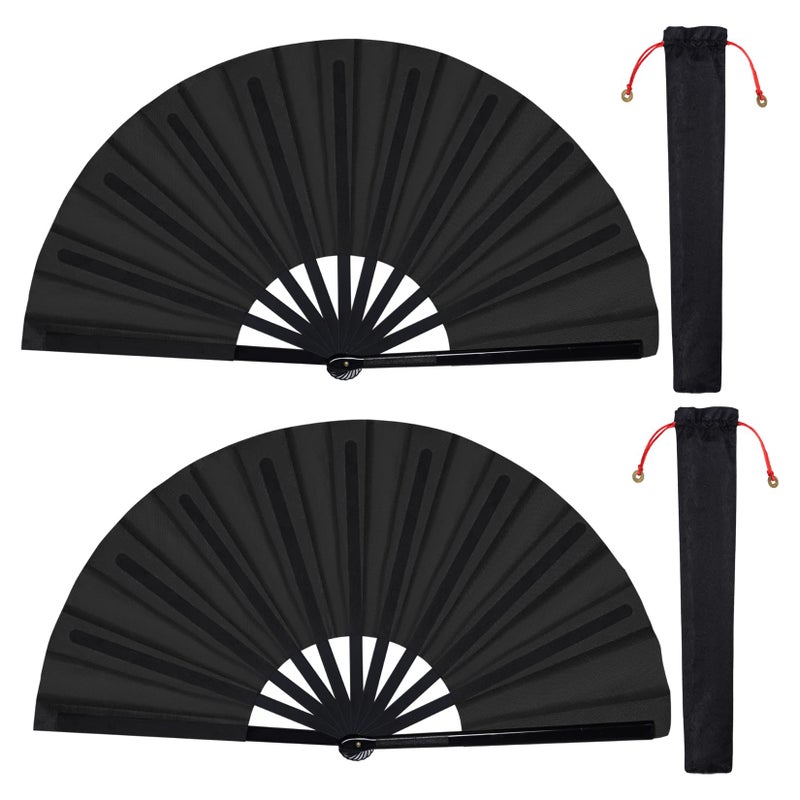 Wobe 2 Packs Large Folding Hand Fan Handheld Folding Fans Chinese Tai Chi Nylon Cloth Chinese Kung Fu Fan with Holder Sleeve for Men and Women Performance Dance Decorations Festival Black 