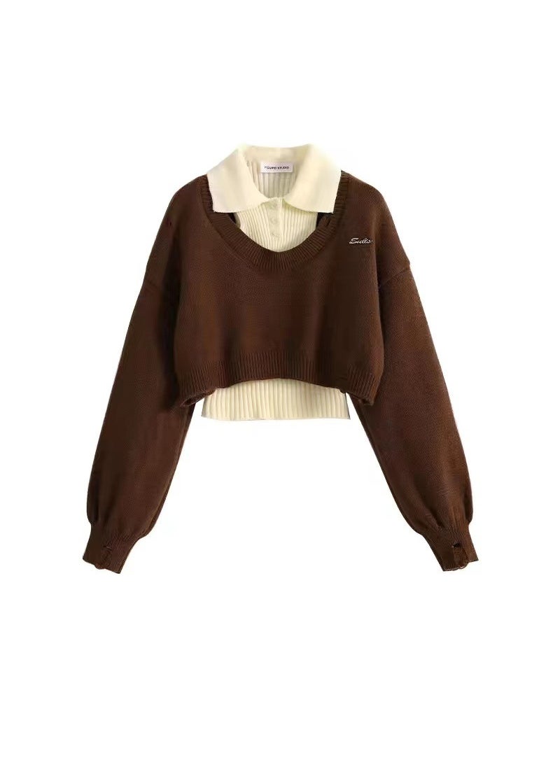 Generic Preppy Style Womens Cropped Sweater Autumn Winter Korean Drama Knitted Top Two-Piece Suit Pullovers Casual Fashion Brown two-piece set [straight hair at the counter] 