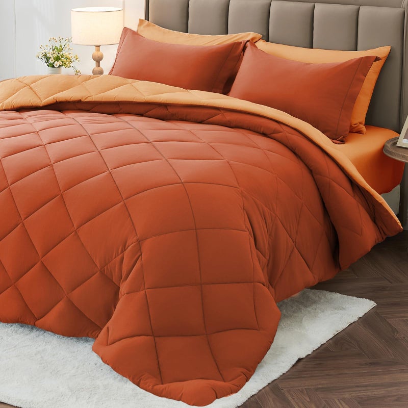 MUXHOMO 7 Pieces Queen Comforter Set, Reversible Bed in a Bag Queen Size, All Season Bedding Set with Comforter, Flat Sheet, Fitted Sheet, Pillowcases & Shams, Burnt Orange & Camel - Image 1