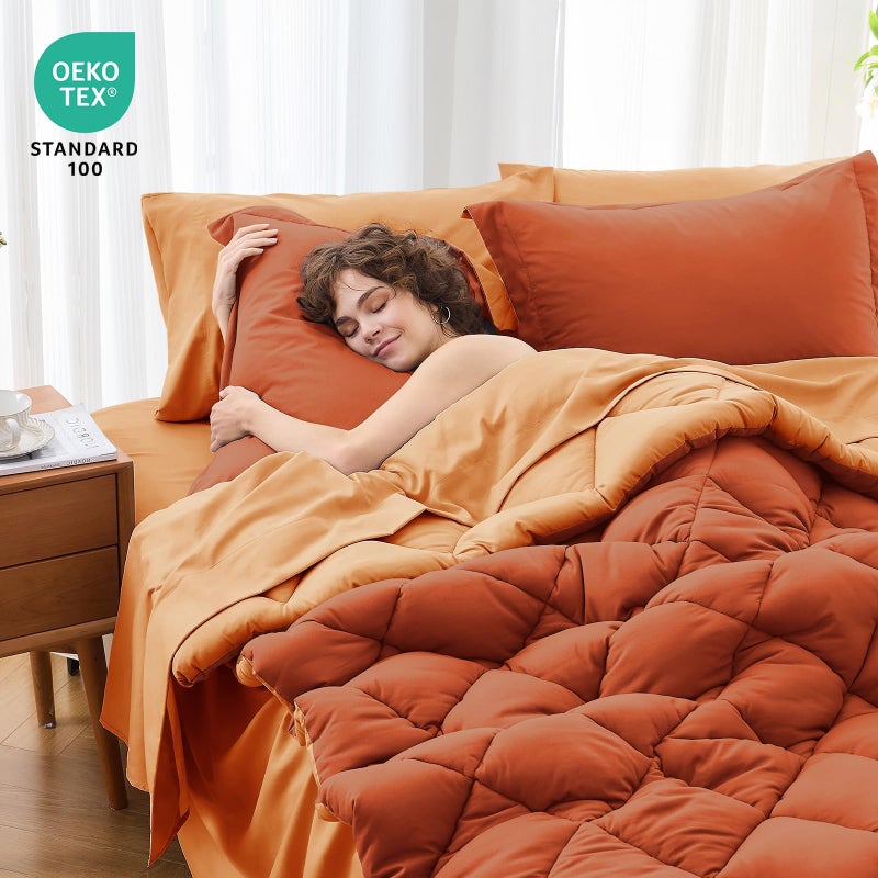 MUXHOMO 7 Pieces Queen Comforter Set, Reversible Bed in a Bag Queen Size, All Season Bedding Set with Comforter, Flat Sheet, Fitted Sheet, Pillowcases & Shams, Burnt Orange & Camel - Image 4