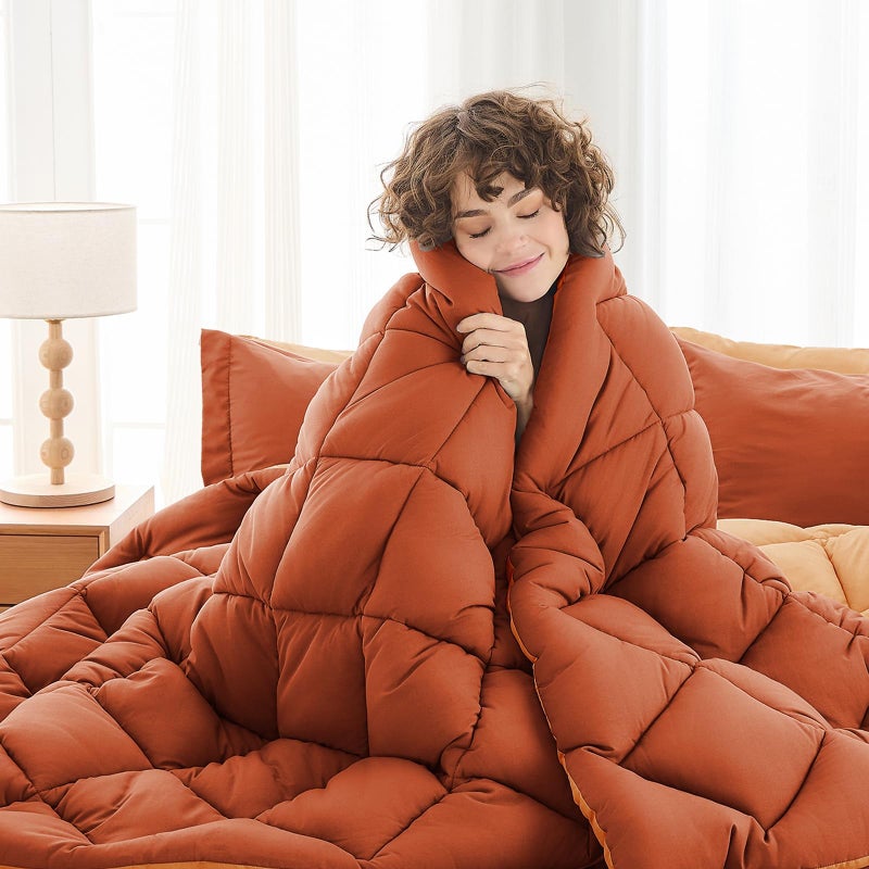MUXHOMO 7 Pieces Queen Comforter Set, Reversible Bed in a Bag Queen Size, All Season Bedding Set with Comforter, Flat Sheet, Fitted Sheet, Pillowcases & Shams, Burnt Orange & Camel - Image 2