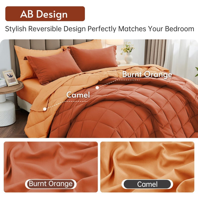 MUXHOMO 7 Pieces Queen Comforter Set, Reversible Bed in a Bag Queen Size, All Season Bedding Set with Comforter, Flat Sheet, Fitted Sheet, Pillowcases & Shams, Burnt Orange & Camel - Image 3