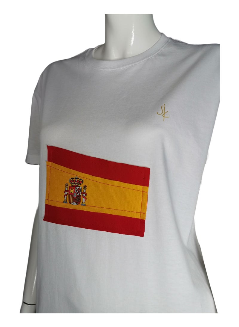 Sana'a Kayum White Basic T- Shirts with Spain Football Team Flag Applique - Image 3