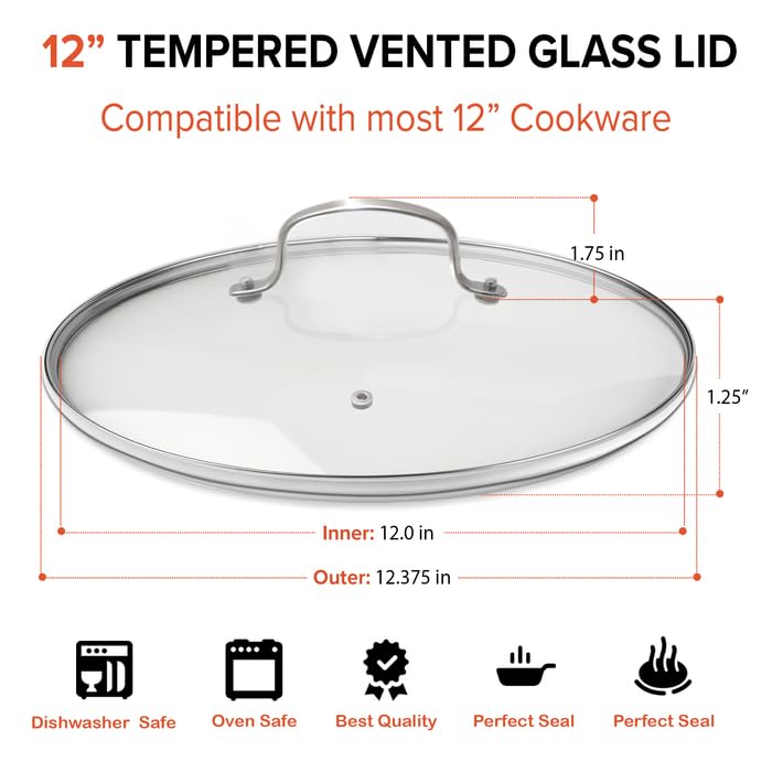 Nuwave 12â€ Vented Tempered Glass Lid, Oven Safe up to 350F, Dishwasher Safe, Shatter-Resistant, Easy to Clean, Stainless-Steel Handle and Rim, Compatible w/Most 12" Cookware - Image 4