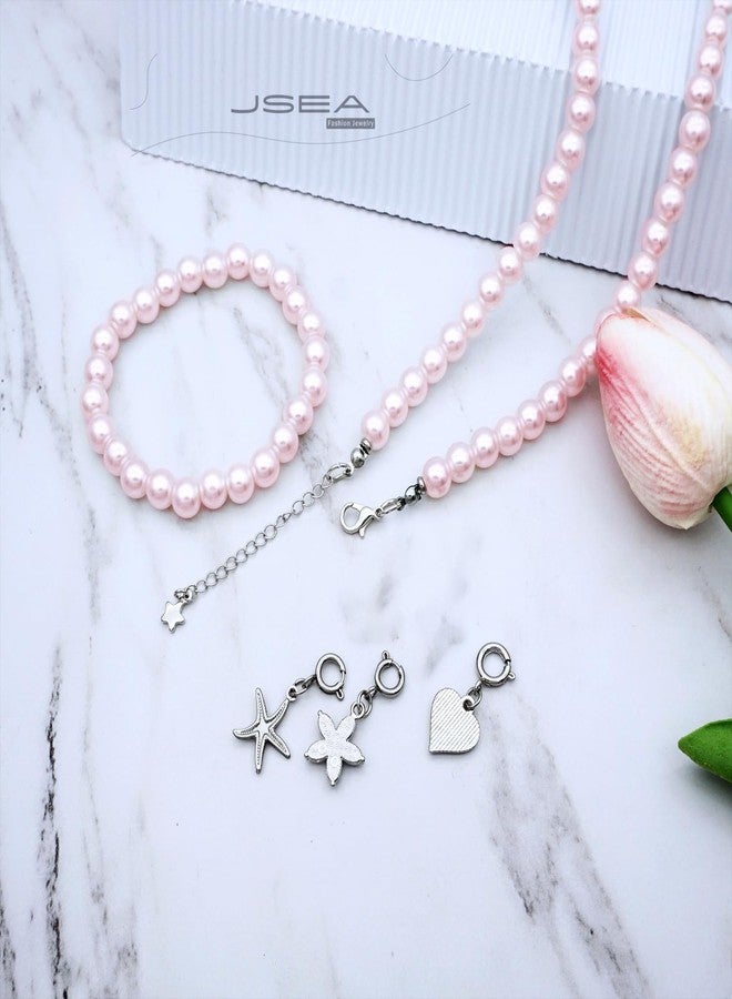 JSEA 8mm Faux Pearl Necklace Elastic Bracelet Jewelry Set Beige White Pink Fake Pearl Jewelry - Image 4