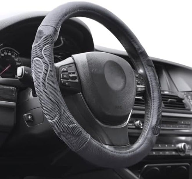 Elantrip Leather Large Steering Wheel Cover 15 1/2 to 16 inch Soft Grip Breathable for Car Truck SUV Jeep Anti Slip Black and  Gray - Image 3