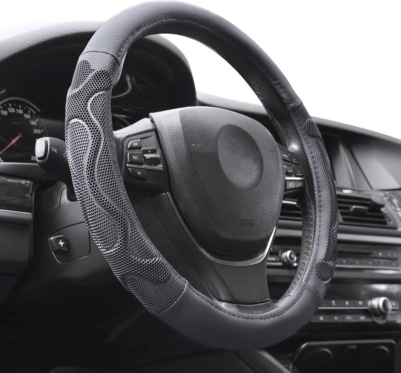 Elantrip Leather Large Steering Wheel Cover 15 1/2 to 16 inch Soft Grip Breathable for Car Truck SUV Jeep Anti Slip Black and  Gray - Image 2