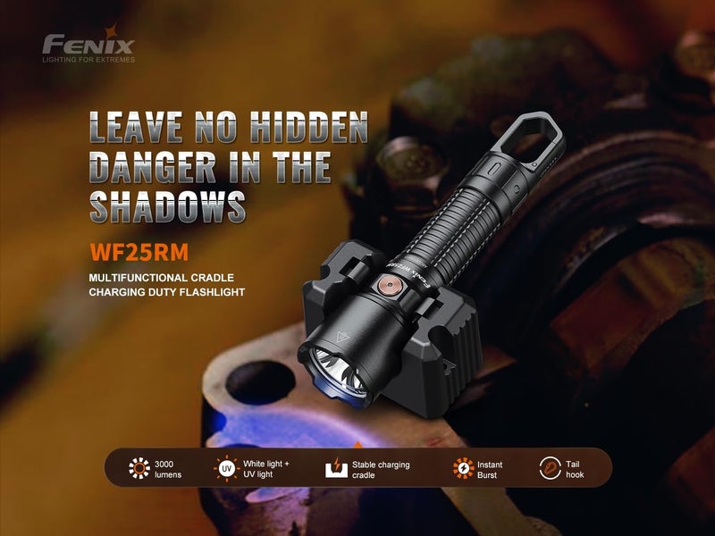 fenix فينيكس WF25RM مصباح يدوي للشرطة 3000 لومن/قاعدة شحن ضوء أسود، بطارية قابلة للشحن USB-C وكابل شحن إيديسون برايت - Image 3