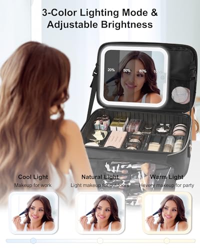 Relavel Makeup Train Case With LED Mirror Professional Travel Cosmetic Bag with Removable PartitionsCompact Makeup Organizer Waterproof Toiletry Case for Women Black - Image 3