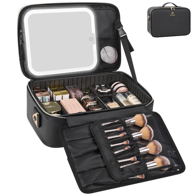 Relavel Makeup Train Case With LED Mirror Professional Travel Cosmetic Bag with Removable PartitionsCompact Makeup Organizer Waterproof Toiletry Case for Women Black - Image 2