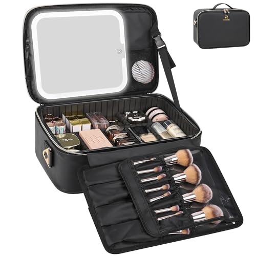 Relavel Makeup Train Case With LED Mirror Professional Travel Cosmetic Bag with Removable PartitionsCompact Makeup Organizer Waterproof Toiletry Case for Women Black - Image 1