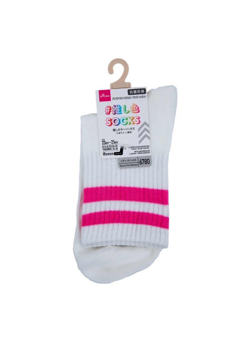 White Crew Socks with Pink Stripes, Antimicrobial & Anti-Odor, Breathable