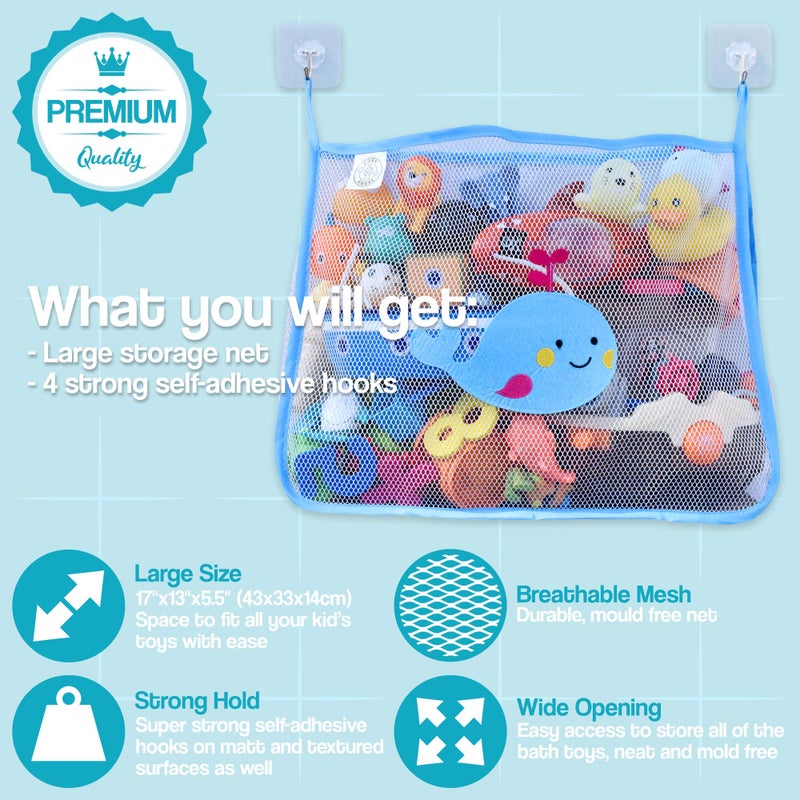 Onco COSY ANGEL Baby Bath Toy Bag for Bath Toys Large Organiser Bathroom Storage Net with 4 Waterproof Self Adhesive Hooks (Blue) - Image 2