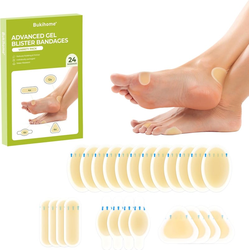 Bukihome Gel Blister Hydrocolloid Bandage Pads Bukihome 24 Count Blister Cushions for Foot Toe Heel  Water Resistant Bandages Blister Pads for Prevention  Recovery Variety Pack - Image 1