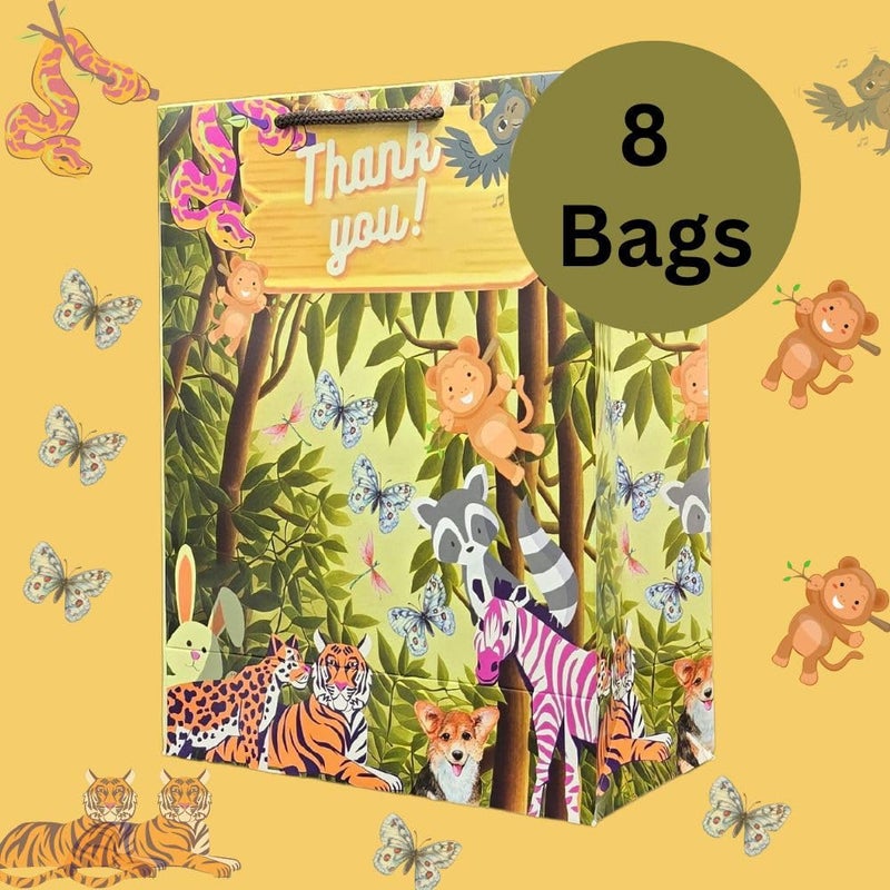 TASCHE Jungle Animal Design Thank You Theme Paper Gift Bags For Return Gifts|Birthday|Holiday Presents (Pack Of 8),Multi Color - Image 3