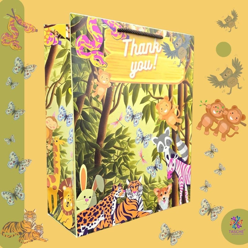 TASCHE Jungle Animal Design Thank You Theme Paper Gift Bags For Return Gifts|Birthday|Holiday Presents (Pack Of 8),Multi Color - Image 2