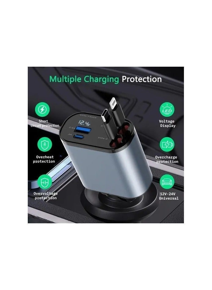 ايرس شاحن سيارة قابل للسحب بمنفذي USB ومنفذ Type-C | محول شحن سريع بقوة 120 واط لأجهزة iPhone وAndroid | شاشة عرض الجهد | متوافق مع جميع أنواع السيارات - Image 5