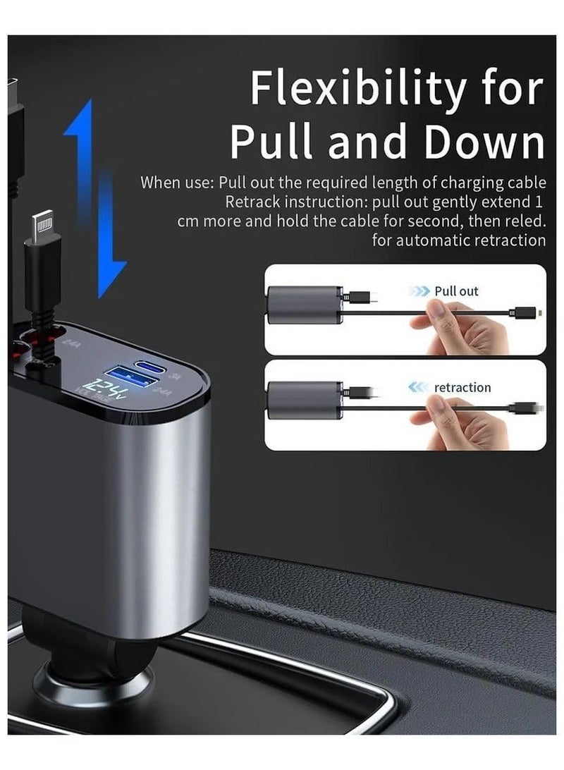 ايرس شاحن سيارة قابل للسحب بمنفذي USB ومنفذ Type-C | محول شحن سريع بقوة 120 واط لأجهزة iPhone وAndroid | شاشة عرض الجهد | متوافق مع جميع أنواع السيارات - Image 2