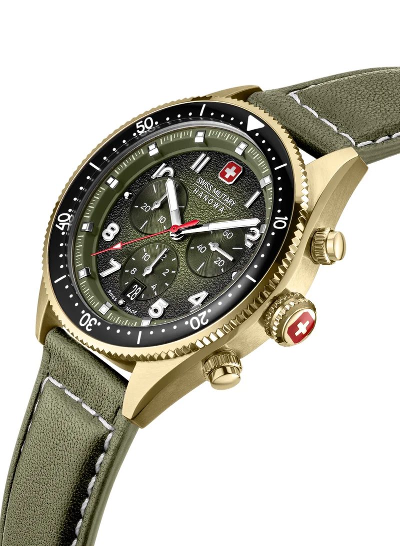SWISS MILITARY HANOWA Greyhound Chrono Olive Leather Strap Watch for Men, 43mm