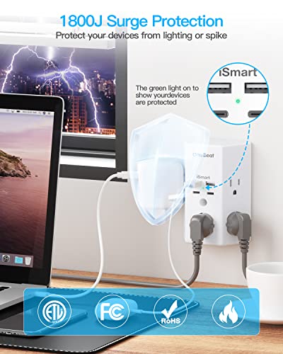 One Beat Multi Plug Outlet, Surge Protector, 5 Outlet Extender with 4 USB Charging Ports (2 USB C), USB C Wall Charger, 3-Sided 1800J Power Strip Outlets Splitter Wall Plug Adapter Spaced for Dorm Home Office - Image 5