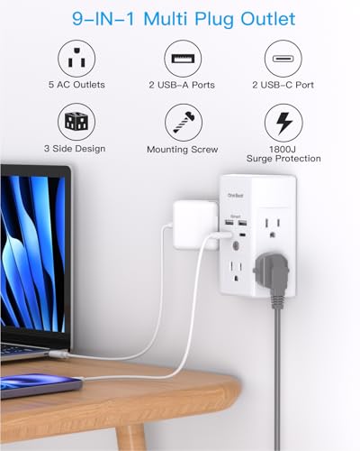 One Beat Multi Plug Outlet, Surge Protector, 5 Outlet Extender with 4 USB Charging Ports (2 USB C), USB C Wall Charger, 3-Sided 1800J Power Strip Outlets Splitter Wall Plug Adapter Spaced for Dorm Home Office - Image 2