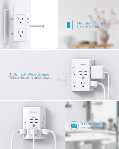 One Beat Multi Plug Outlet, Surge Protector, 5 Outlet Extender with 4 USB Charging Ports (2 USB C), USB C Wall Charger, 3-Sided 1800J Power Strip Outlets Splitter Wall Plug Adapter Spaced for Dorm Home Office - Image 4