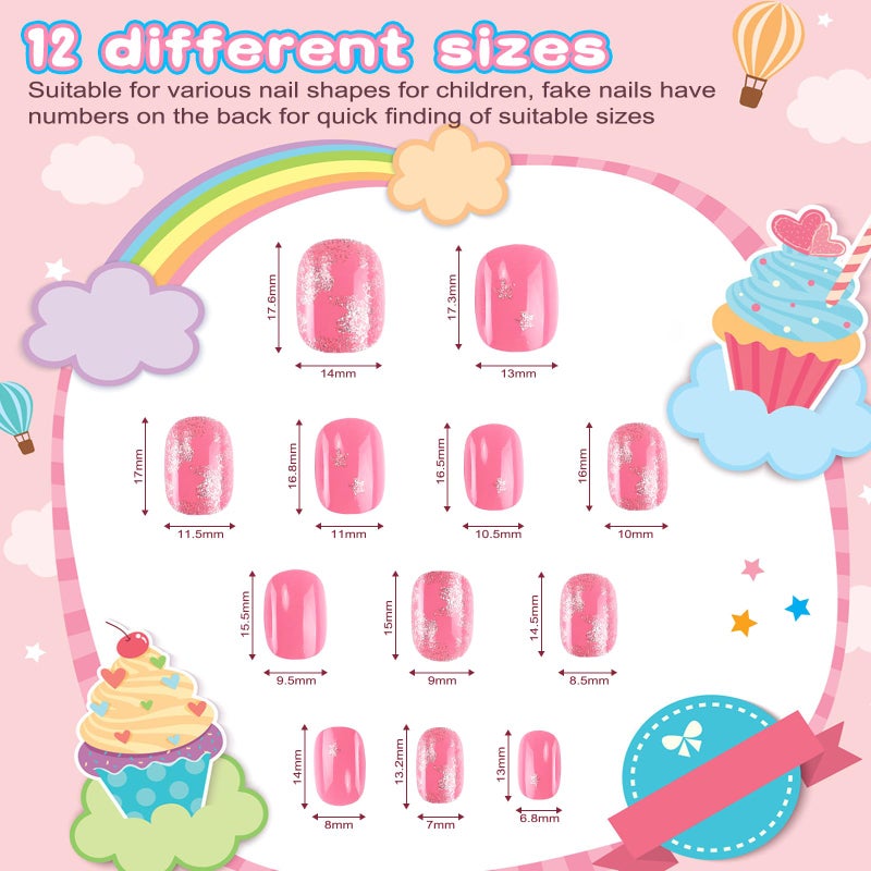 Jsiallye 192Pc short Press on Nails for Kids,8 Packs Children Stick on Nails Fake Nails for Kid,Pre-glue Full Cover Colorful Unicorn Flamingo Cloud Patterns 7-12 Years Old - Image 5