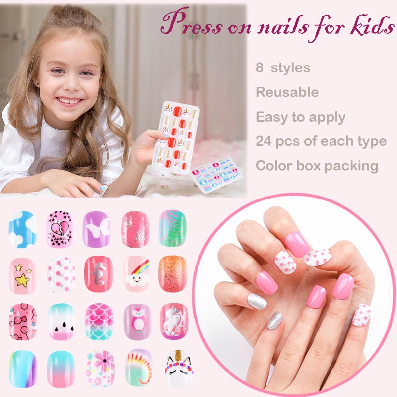 Jsiallye 192Pc short Press on Nails for Kids,8 Packs Children Stick on Nails Fake Nails for Kid,Pre-glue Full Cover Colorful Unicorn Flamingo Cloud Patterns 7-12 Years Old - Image 2