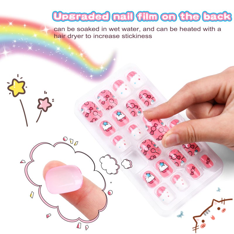Jsiallye 192Pc short Press on Nails for Kids,8 Packs Children Stick on Nails Fake Nails for Kid,Pre-glue Full Cover Colorful Unicorn Flamingo Cloud Patterns 7-12 Years Old - Image 3