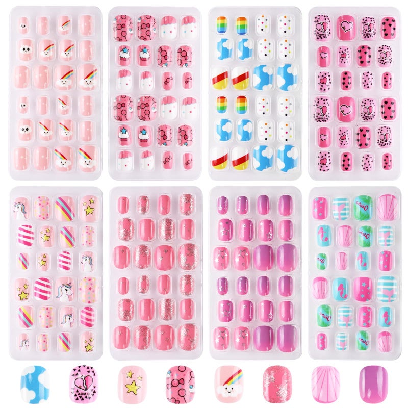 Jsiallye 192Pc short Press on Nails for Kids,8 Packs Children Stick on Nails Fake Nails for Kid,Pre-glue Full Cover Colorful Unicorn Flamingo Cloud Patterns 7-12 Years Old - Image 1