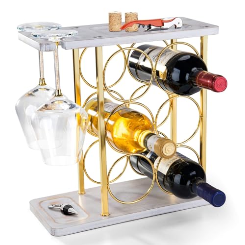 ALLCENER Gold Wine Rack with Glass Holder, Countertop Wooden Wine Holder for 6 Bottles & 2 Glasses, Includes Storage Trays for Corks & Openers – Perfect White & Gold Wine Display for Home Bar & Kitchen Decor - Image 1