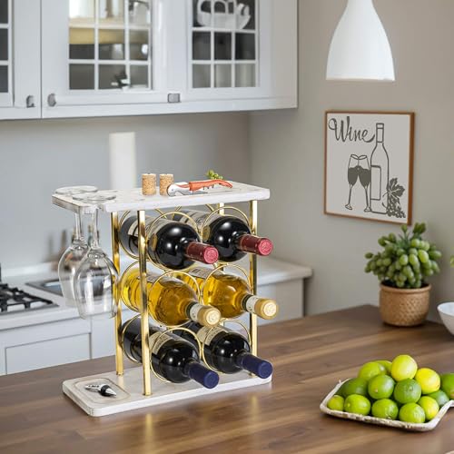 ALLCENER Gold Wine Rack with Glass Holder, Countertop Wooden Wine Holder for 6 Bottles & 2 Glasses, Includes Storage Trays for Corks & Openers – Perfect White & Gold Wine Display for Home Bar & Kitchen Decor - Image 5