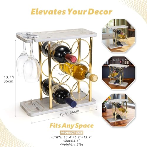 ALLCENER Gold Wine Rack with Glass Holder, Countertop Wooden Wine Holder for 6 Bottles & 2 Glasses, Includes Storage Trays for Corks & Openers – Perfect White & Gold Wine Display for Home Bar & Kitchen Decor - Image 4