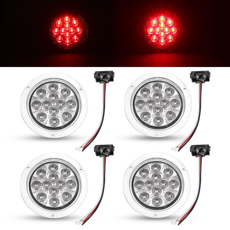 TMH Pack of 4 Clear Lens Red LED 4 Inch Round Trailer Tail Lights with Chrome Bezel F3 Piranha 12 LED for Truck Bus Lorry Trailer 12V DC