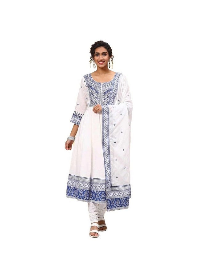 Biba - BIBA WOMEN PRINTED FITTED SALWAR KURTA DUPATTA(SKD7836_WHITE/BLUE_42) - Image 1