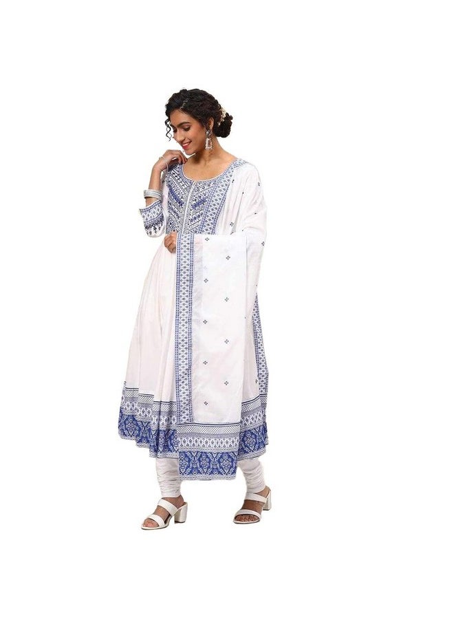 Biba - BIBA WOMEN PRINTED FITTED SALWAR KURTA DUPATTA(SKD7836_WHITE/BLUE_42) - Image 1