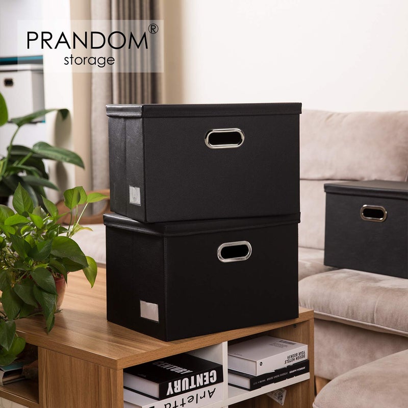 PRANDOM Large Collapsible Storage Bin with Lid [1-Pack] Leather Fabric Foldable Storage Box Organizer Containes Basket Cube with Cover for Home Bedroom Closet Office Nursery Black (17.7x11.8x11.8) - Image 2