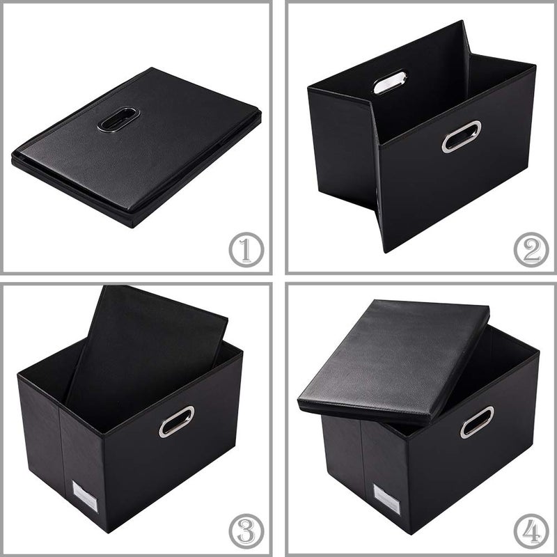 PRANDOM Large Collapsible Storage Bin with Lid [1-Pack] Leather Fabric Foldable Storage Box Organizer Containes Basket Cube with Cover for Home Bedroom Closet Office Nursery Black (17.7x11.8x11.8) - Image 5